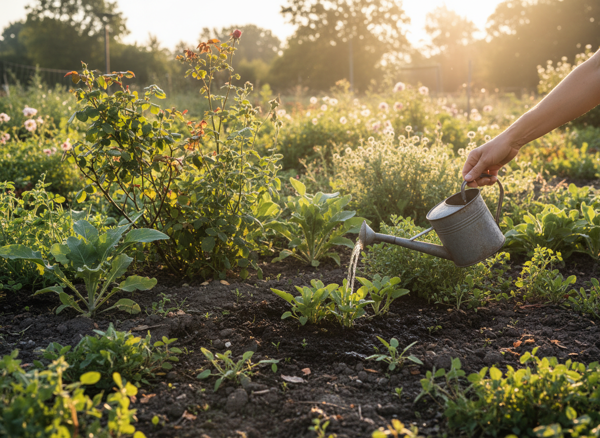 A hand gently watering part of a garden bed where plants are growing at different stages.