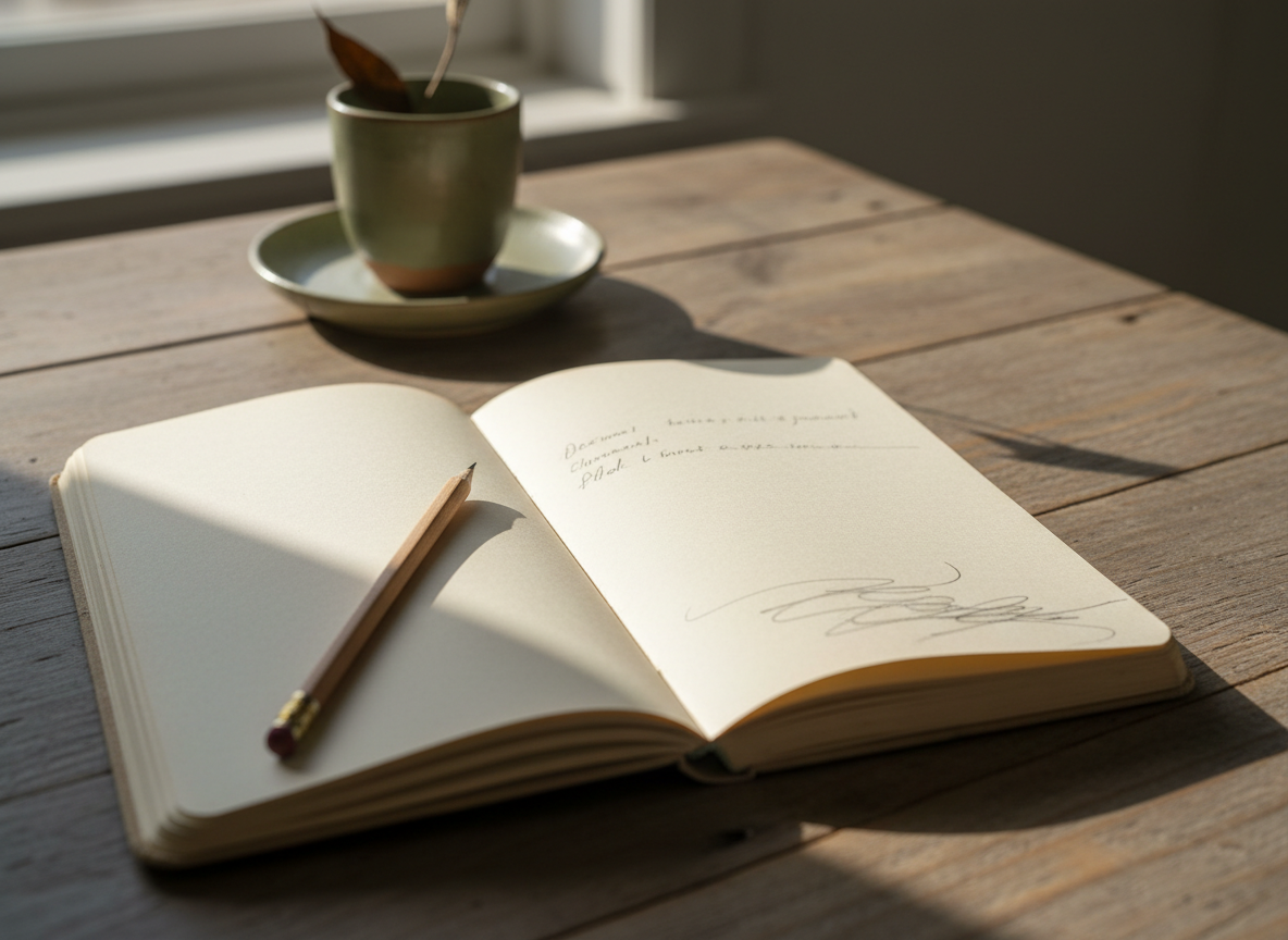 Open notebook with a few handwritten lines and a pencil resting beside it in soft natural morning light.