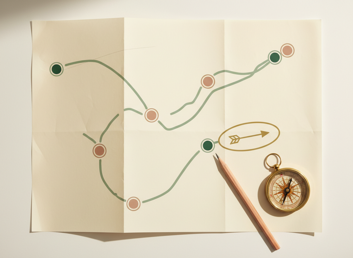 An unfolded paper map with a marked route, waypoints, and a small compass in soft natural light.