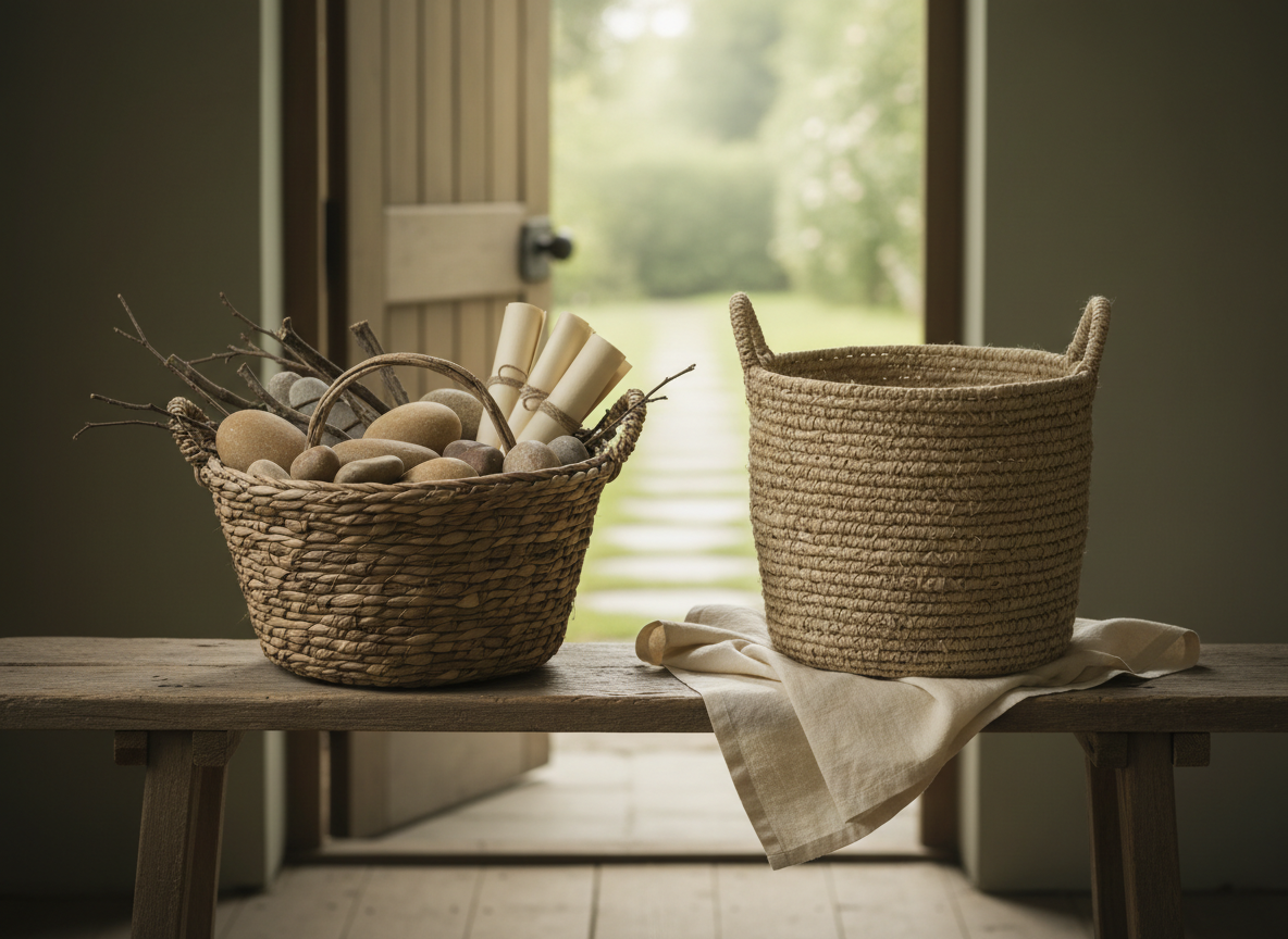 Two woven baskets resting on a wooden bench near an open doorway with soft light beyond.